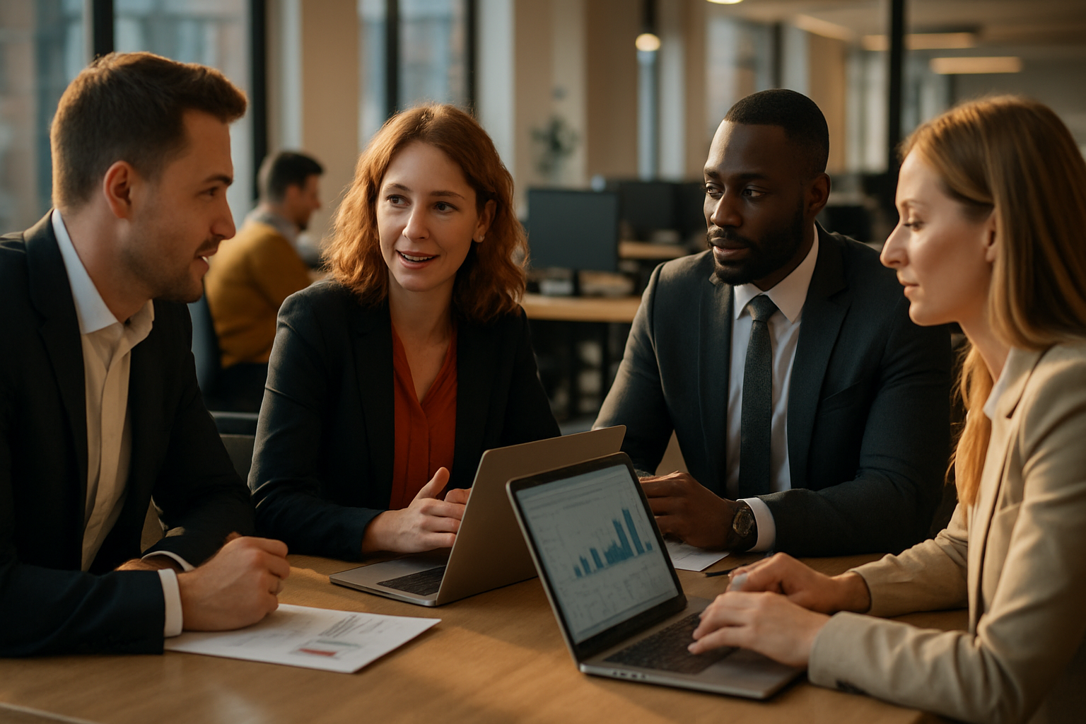 Sales professionals discussing strategy in a modern office environment