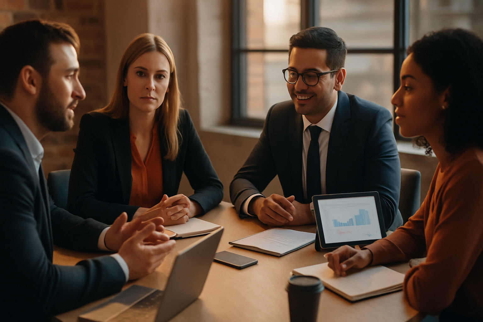 Sales team collaborating in a modern UK office discussing data-driven strategies around a circular table.