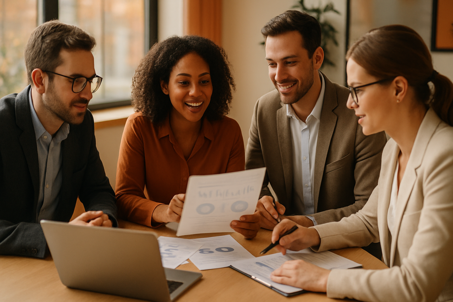 Sales team collaborating on CRM strategies in a modern office