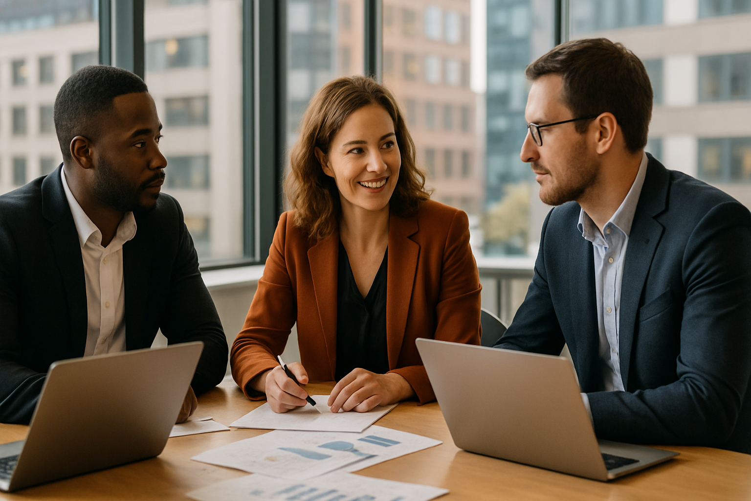 Sales team discussing business signals in a modern UK office